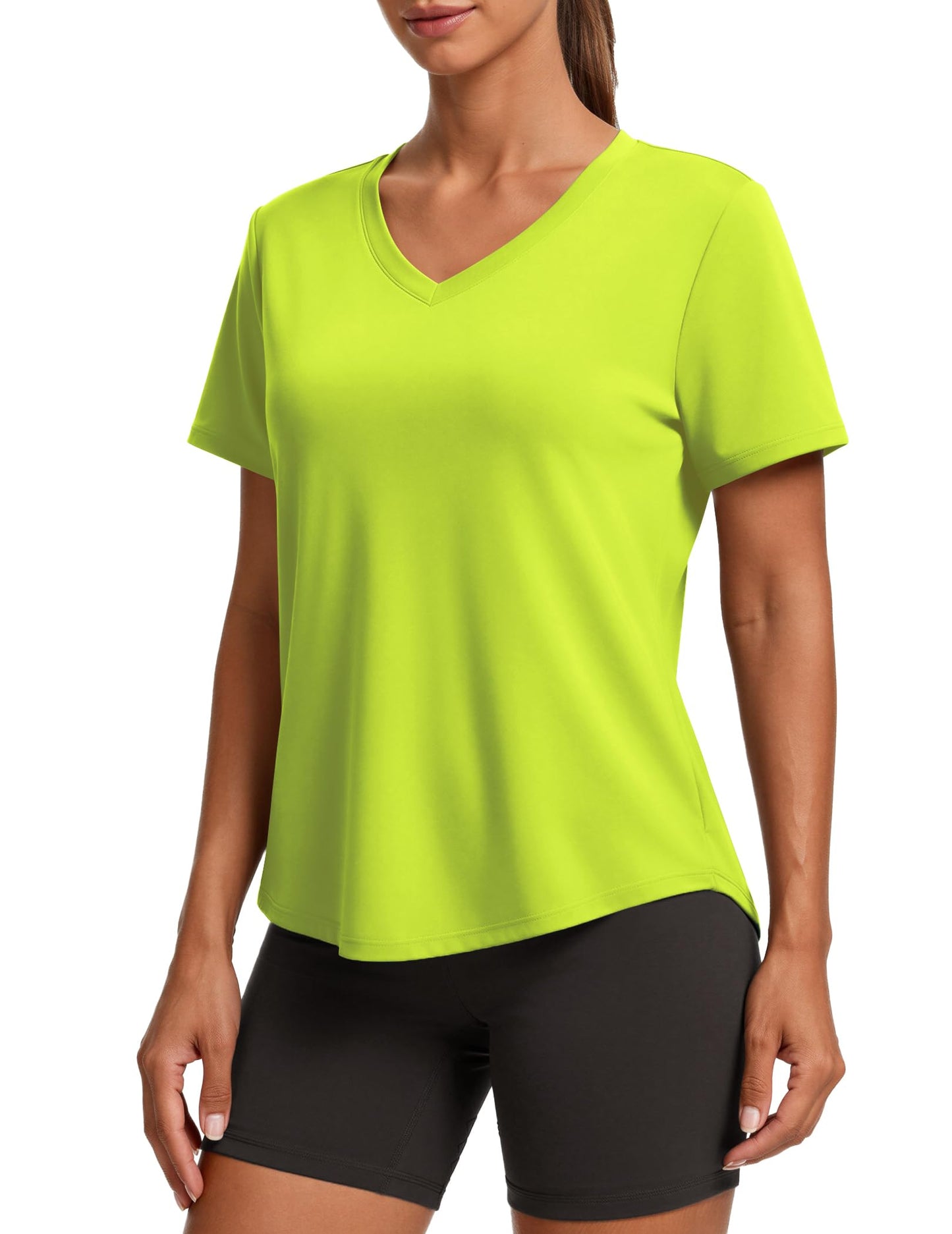 PINSPARK Tennis Shirts for Women Short Sleeve V Neck Moisture Wicking Workout Tops Quick Dry Athletic Gym Golf T-Shirts,Neon Green Large