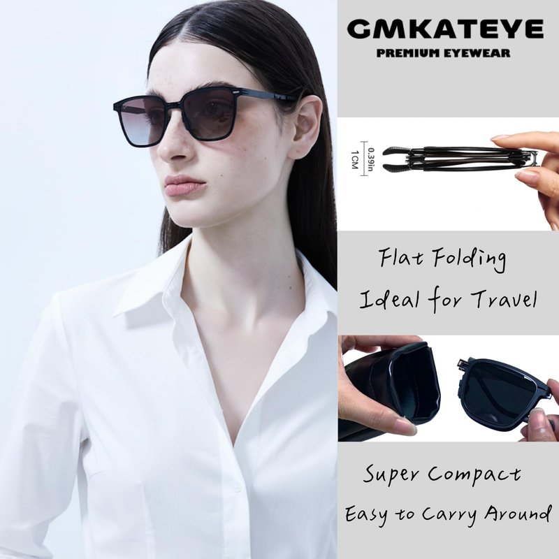 GMKATEYE Foldable Sunglasses Polarized for Women & Men - UV400 Protection Ultra Lightweight & Comfortable, Folding Classic Black Shades for Travel Driving