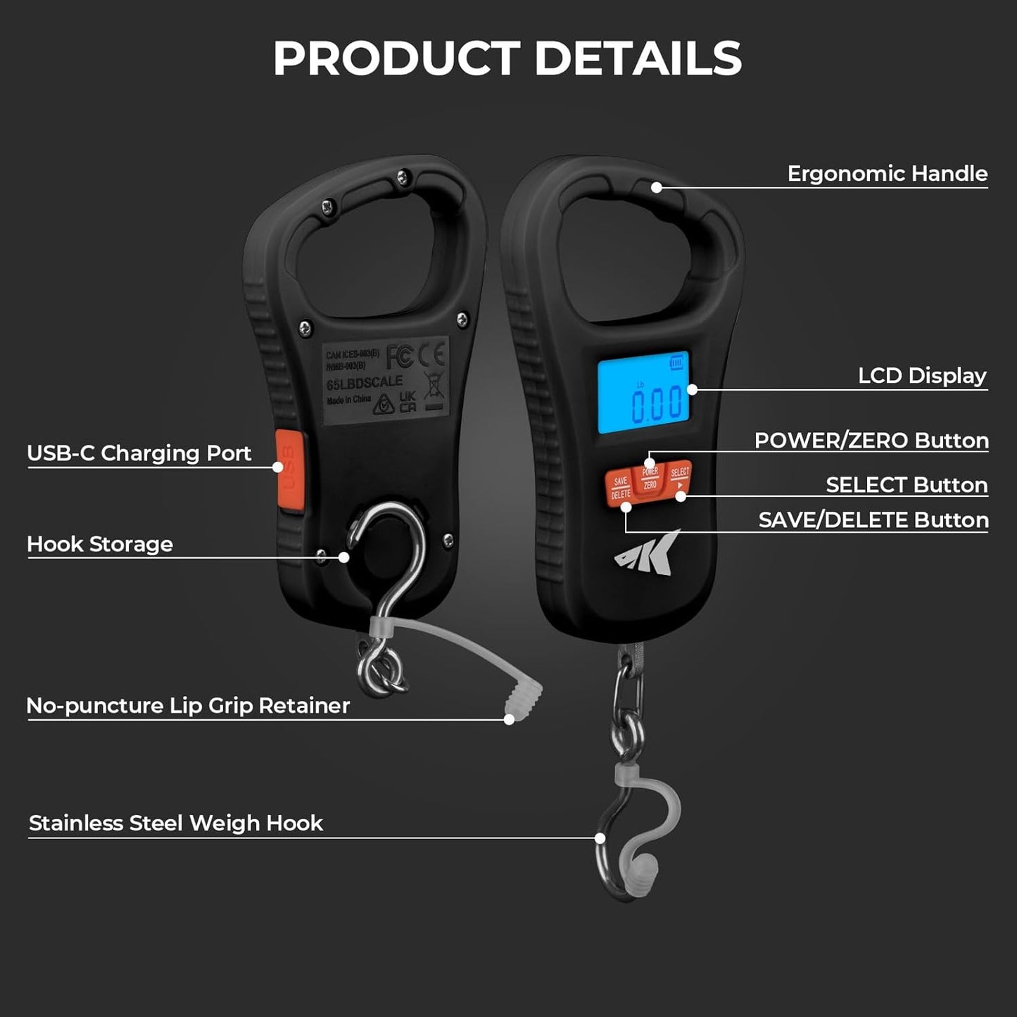 KastKing ToughTide Fishing Scale - Ultra-Thin Digital Scale with 65lb Capacity & LCD Display | USB Charging, Ergonomic Handle