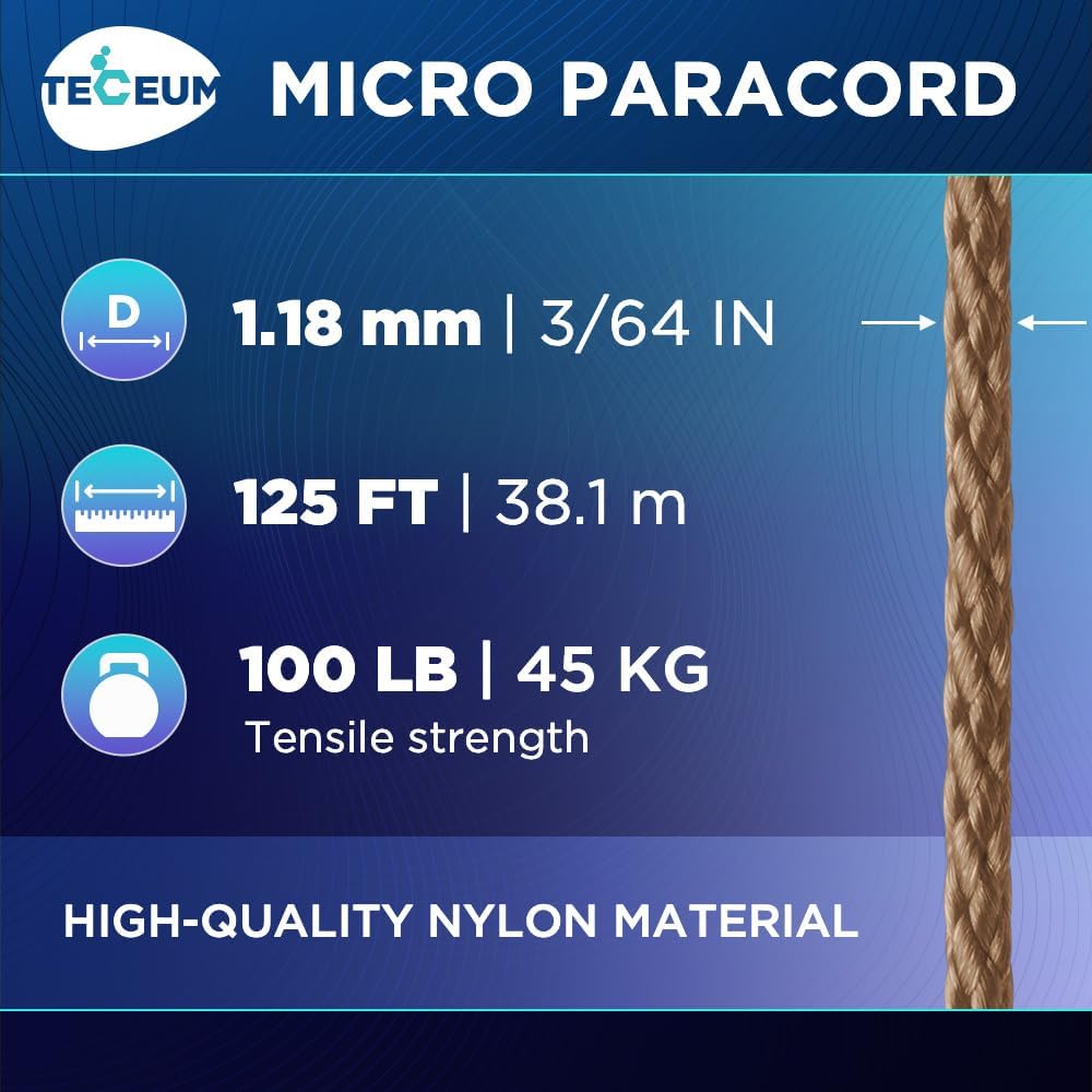 TECEUM Micro Paracord – Coyote Brown – 1.18 mm x 125 ft – Micro Utility Cord – Thin Braided Paracord Rope Nylon Polyester – Wind Chime Replacement – Survival Strong String 012c nw