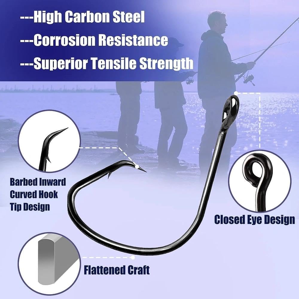 Natufish Fishing Circle Hooks 50Pcs Offset Fish Hook Saltwater,Barbed Live Bait Hooks Black Nickel/Wide Gap for Catfish Striped Bass 4/0