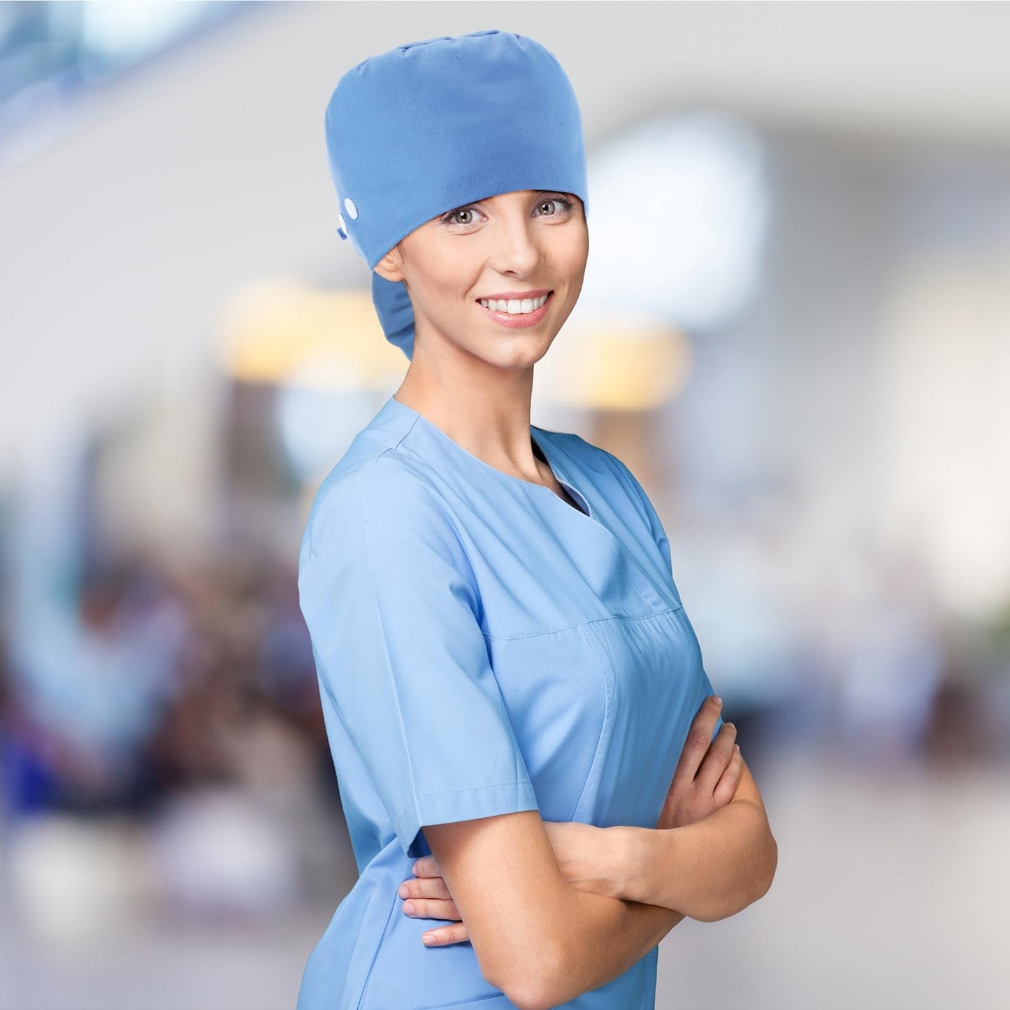 Jamntower 8 Pcs Satin Lined Scrub Caps, Nurse Hats with Buttons Sweatband, Adjustable Ponytail Surgical Caps for Women(Multicolor,Simple)