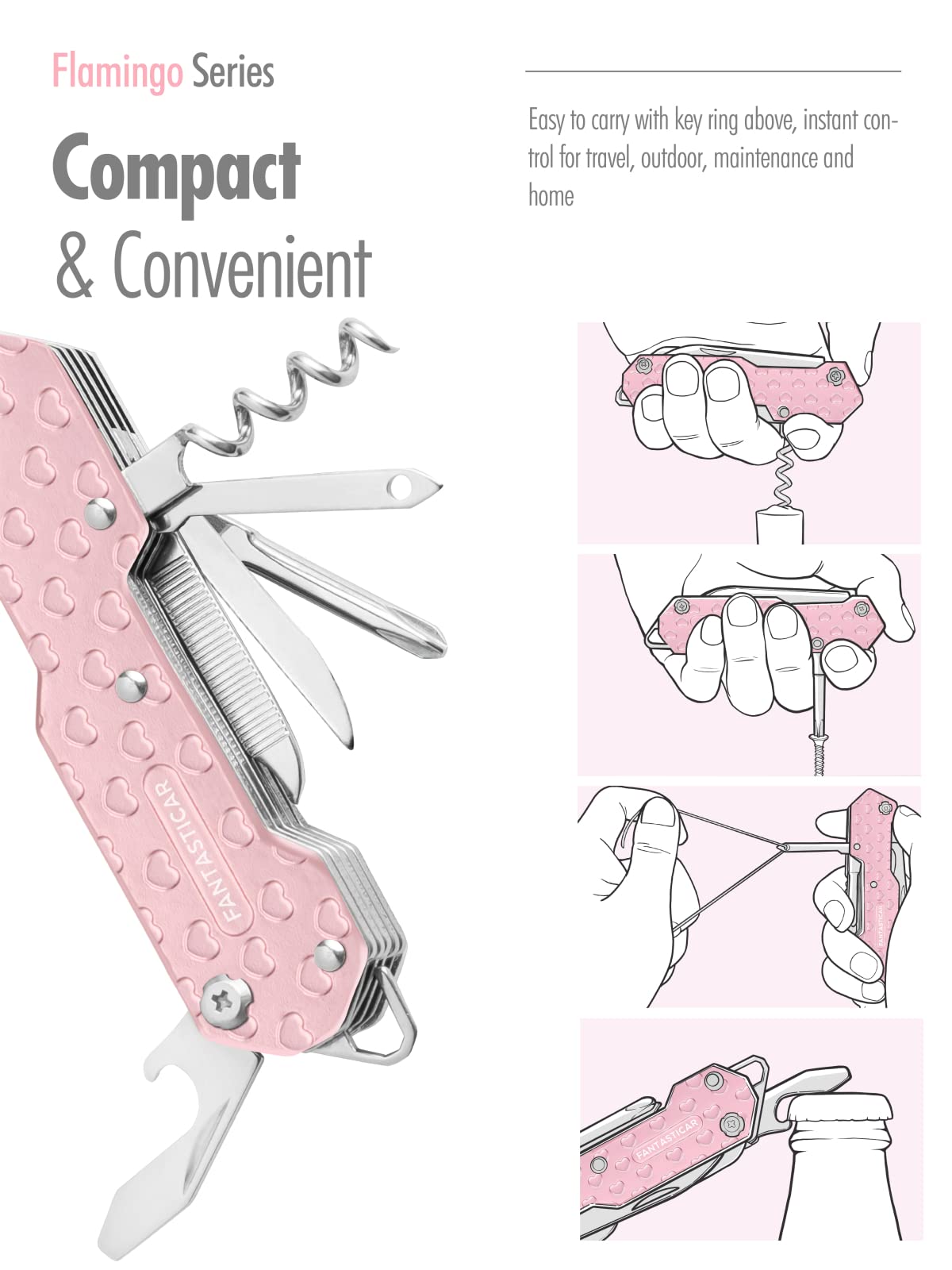 FantastiCAR 15 in 1 Multi-tool with Cute Hearts, EDC Folding Pocket Knife with Premium Gift Box for Camping, Fishing, Hunting, Survival, Outdoor (Pink Hearts)