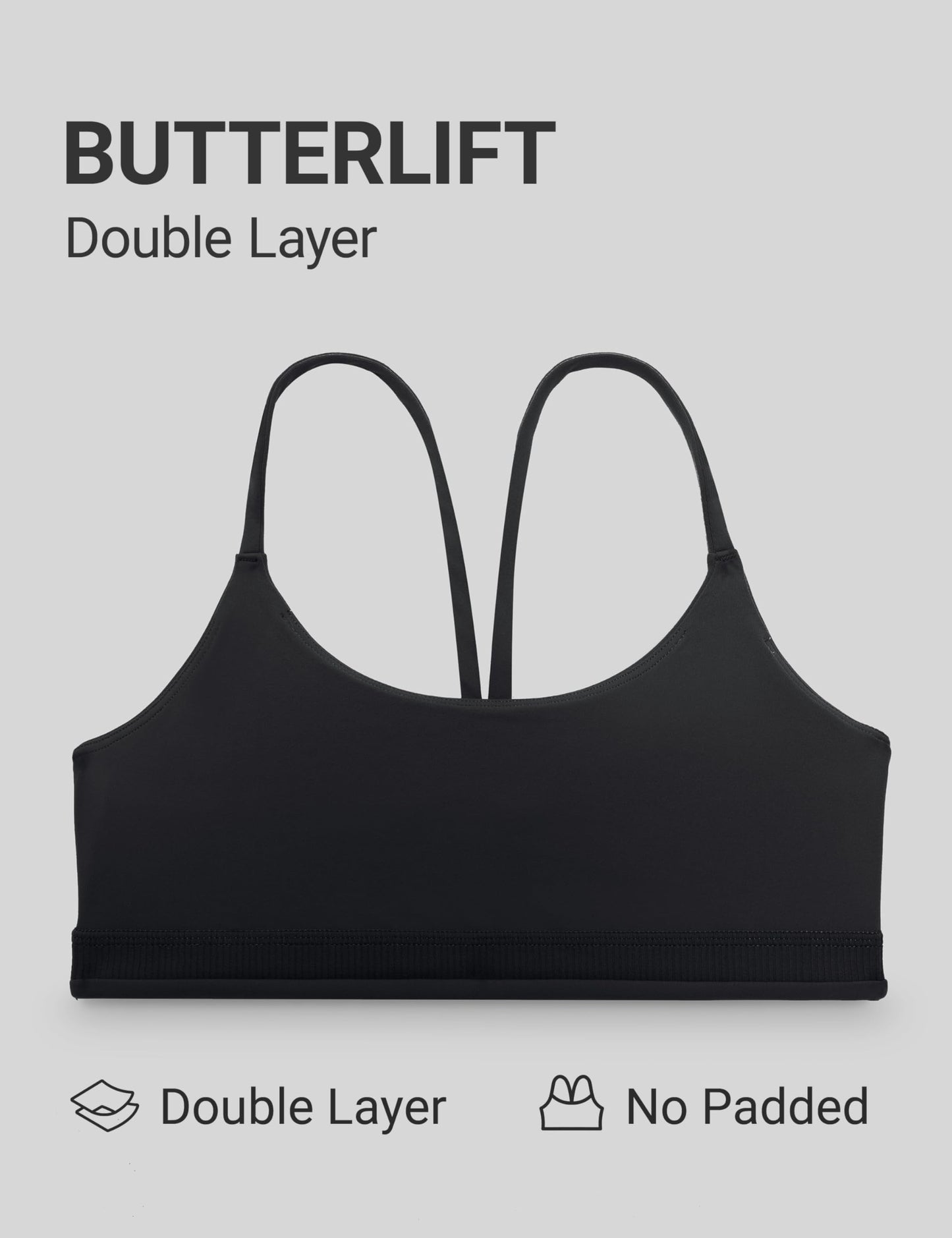 CRZ YOGA Butterlift Double Lined V Back Sports Bras for Women - Scoop Neck Spaghetti Strap Wireless Yoga Top Non Padded Black Small