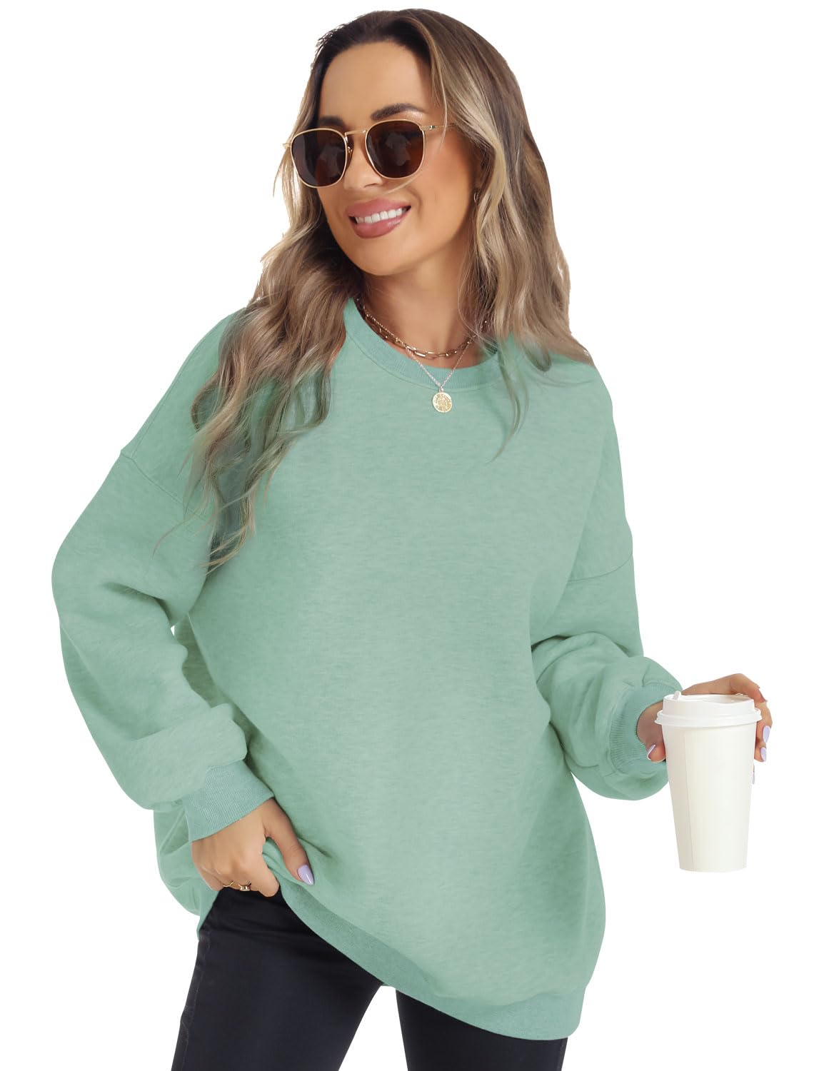 FANCYINN Womens Oversized Sweatshirts Long Sleeve Loose Pullover Solid Fleece Tops Fall Winter Grayish Green S