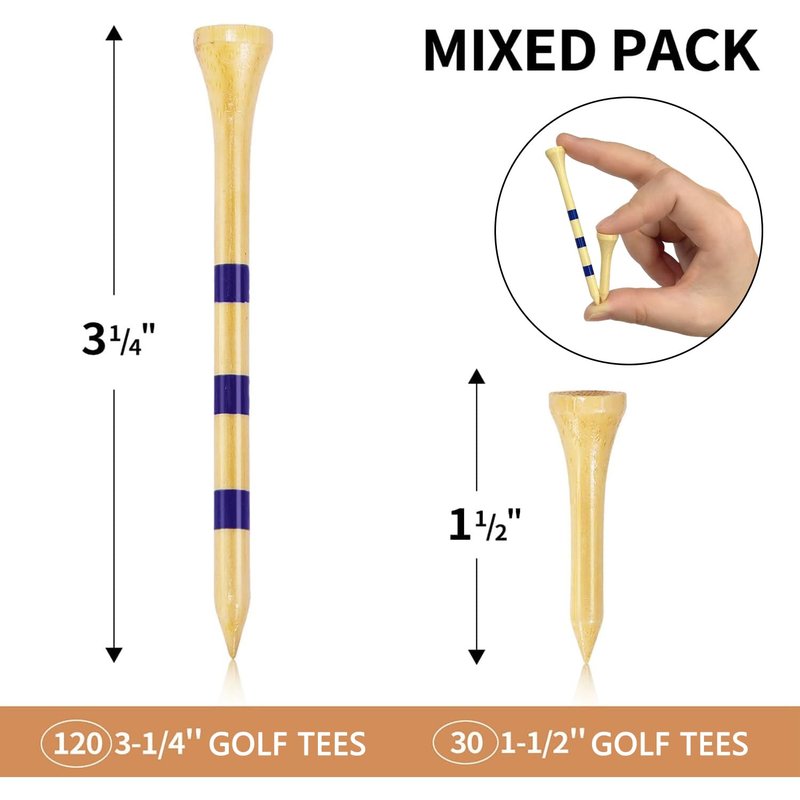 Foinco 150 PCS Wooden Golf Tees Set, Natural Wooden with Black Band, 150 Count (120 Long 3.25 Inch and 30 Short 1.5 Inch), Durable and Stable