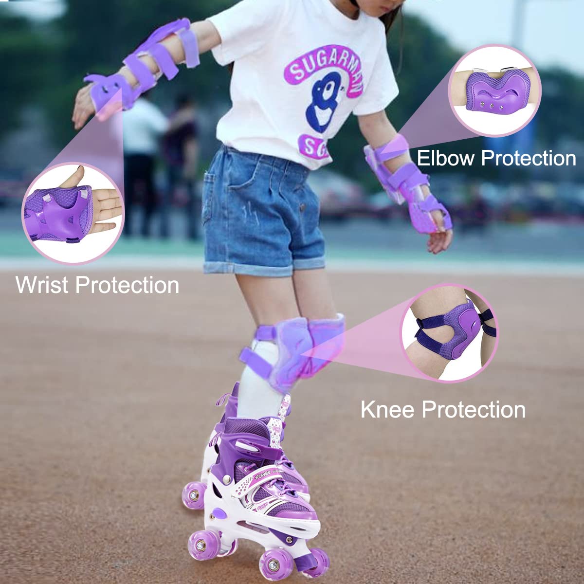 Kids Roller Skates, 4 Sizes Adjustable Beginners Boys Girls Roller Skates with Light up Wheels, High Standard Comfortable & Breathable Sports Indoor Outdoor Roller Skate Shoes (Purple-M)