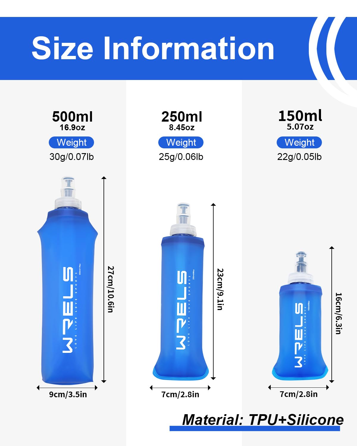 WRELS Soft Flask Collapsible BPA-Free Water Bottle for Running Hiking Cycling Climbing and Traveling,Camping,Outdoor Sports (250ml-2 Packs)