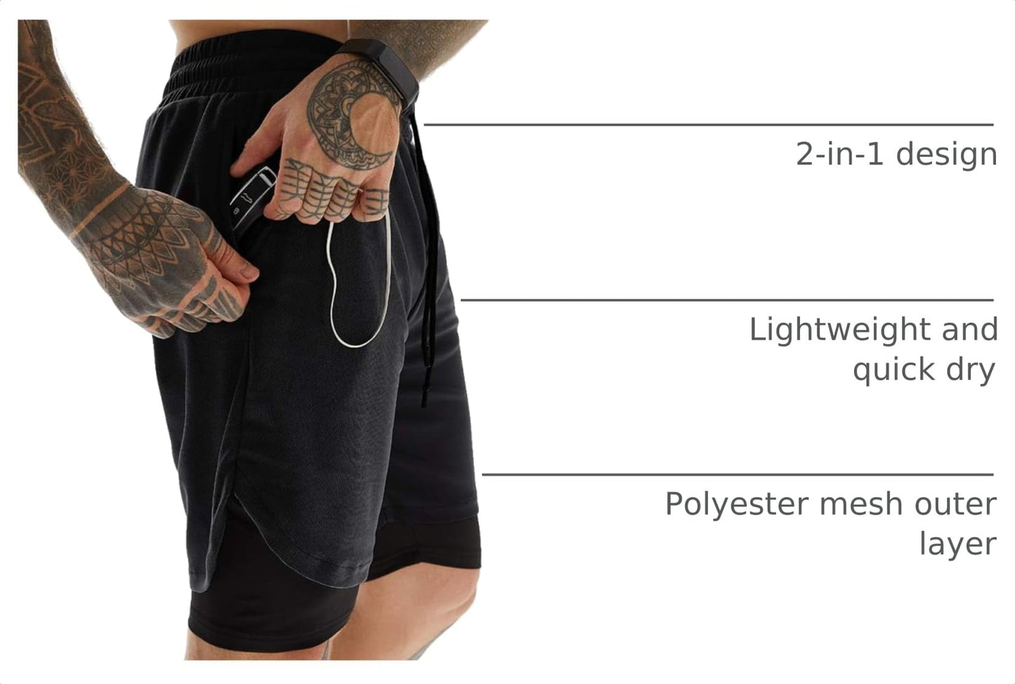 JWJ 5 Pack Men's 2 in 1 Workout Running Shorts 7 Inch Lightweight Athletic Gym Shorts with Compression Liner Black L