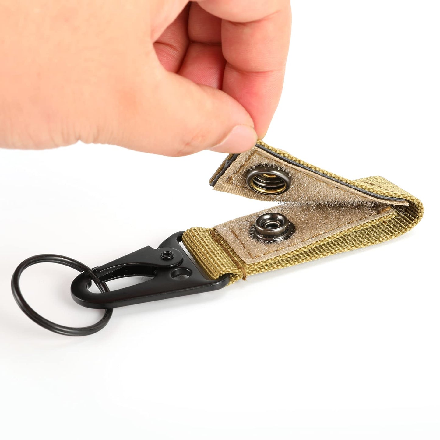 FRTKK Tactical Molle Key Ring Gear Key Keeper Nylon Belt Keychain Molle Webbing Key Clip Buckle for Belts Molle Bags Tactical Backpack Vest (Tan - (Pack of 2))