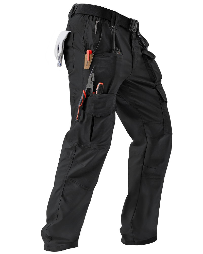 IGOLUMON Men's Stretch Tactical Pants, Ripstop Cargo Pants Outdoor Lightweight EDC Hiking Work Pants with 10 Pockets, Black