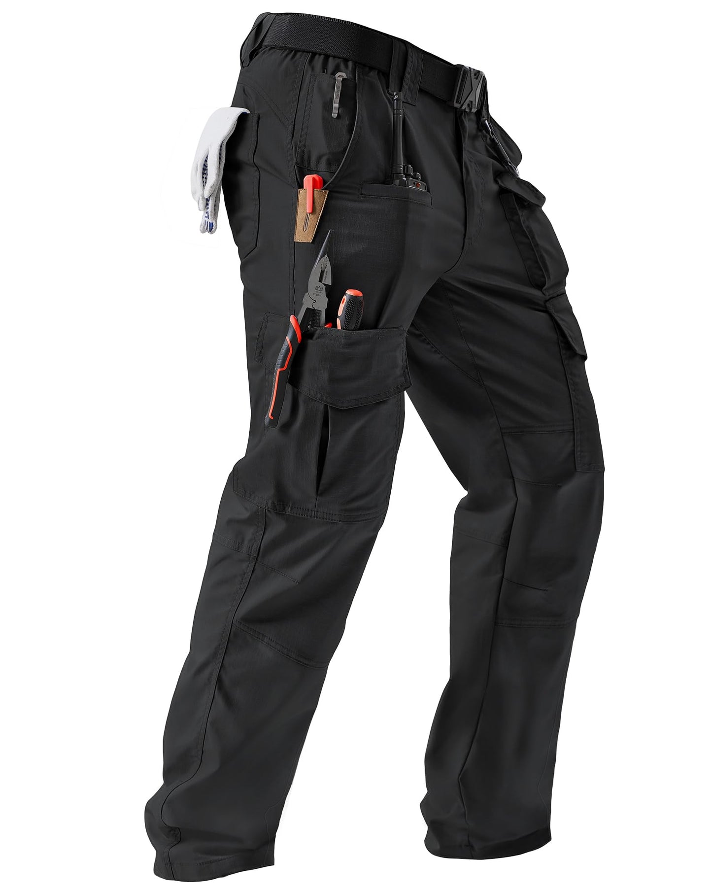 IGOLUMON Men's Stretch Tactical Pants, Ripstop Cargo Pants Outdoor Lightweight EDC Hiking Work Pants with 10 Pockets, Black