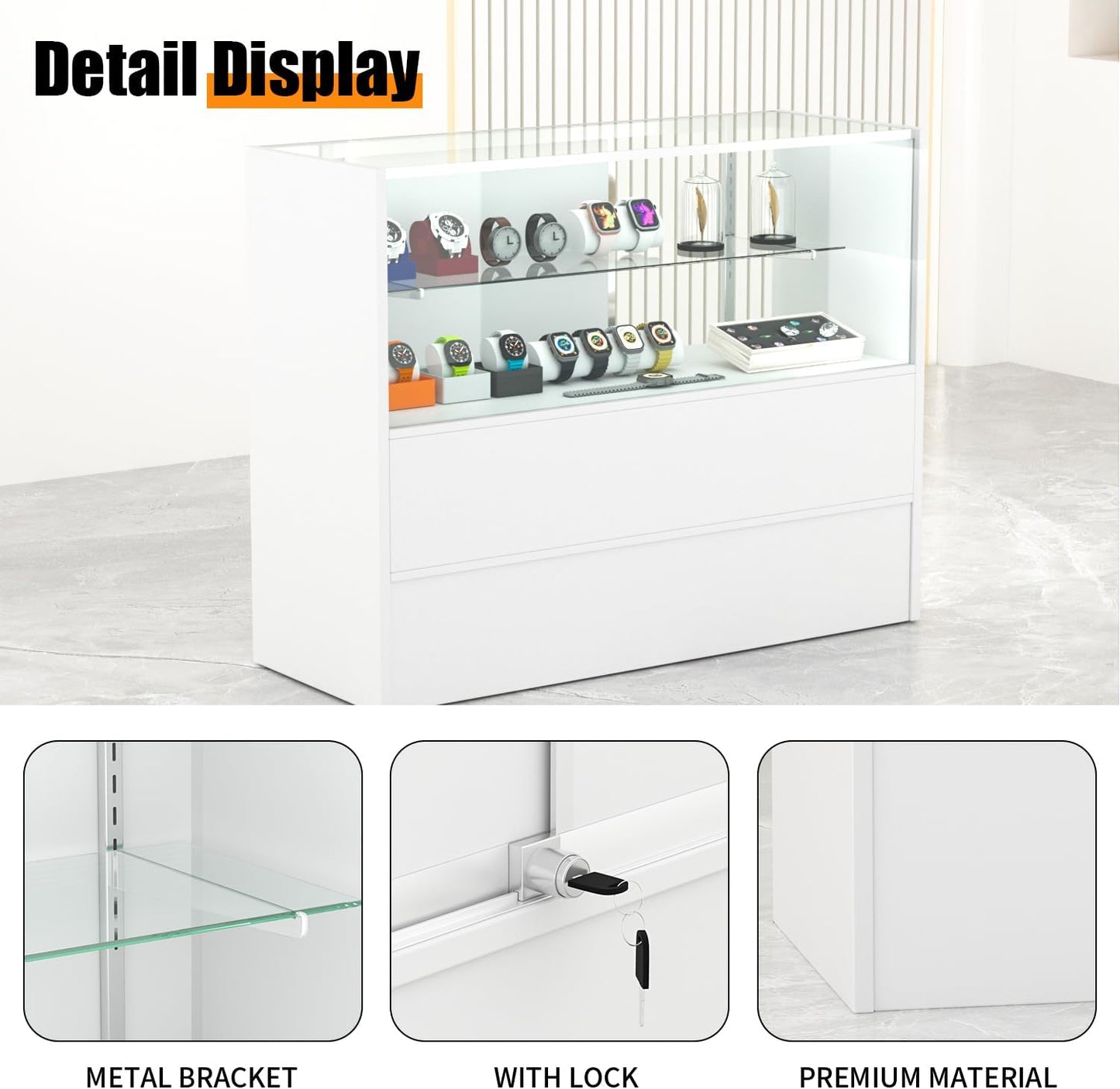 White Retail Display Case - 48” W x 18” D x 38” H | Illuminated Glass Showcase with Storage