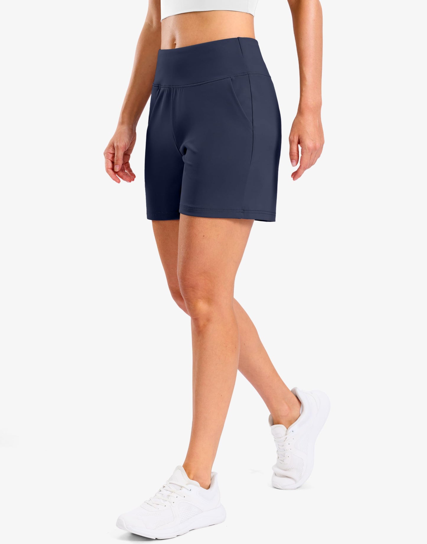 G Gradual Women's Bermuda Long Shorts with Pockets 7" High Waisted Knee Length Shorts for Women Walking Athletic Workout(Navy-L7,M)