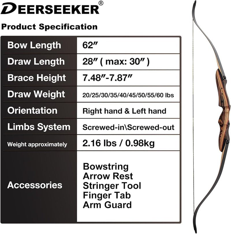 Deerseeker 62" Takedown Recurve Bow Set - Right & Left-Handed Riser, 20-60 lbs for Archery Practice & Hunting