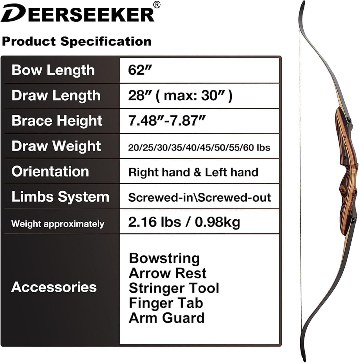 Deerseeker Archery 62" Takedown Recurve Bow Set with Right Hand & Left-Handed Riser Laminated Limbs 20-60 lbs for Adults & Youth, Archery Practice & Bow Hunting (35 lb, Left Hand)