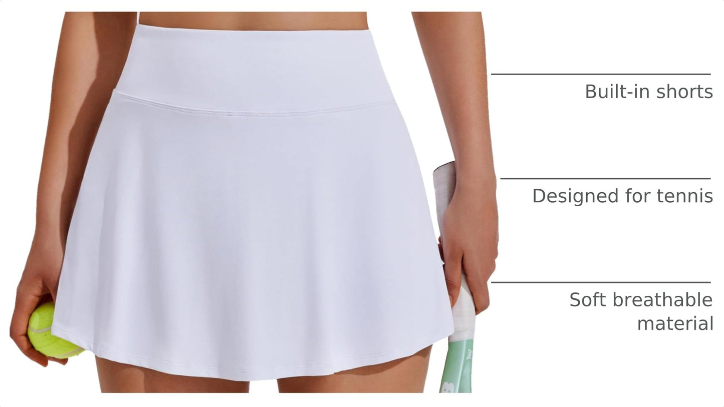 PINSPARK Tennis Skirts Women Pleated Mini Skirt Lightweight Athletic Skort with Pocket Flowy Golf Outfits,White Medium