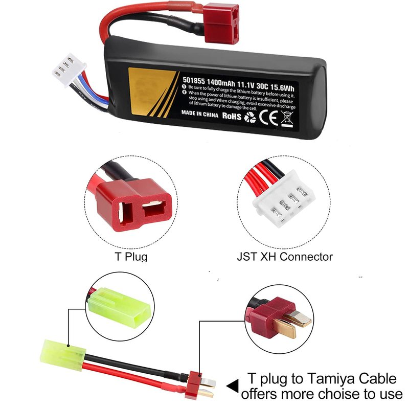 11.1V lipo Airsoft Battery 1400mAh 30C Rechargeable Hobby batteries with T Plug to Mini Tamiya Cable JST XH Connector Universal 11.1 Battery for electric Airsoft Guns splat ball gun Rifle Model
