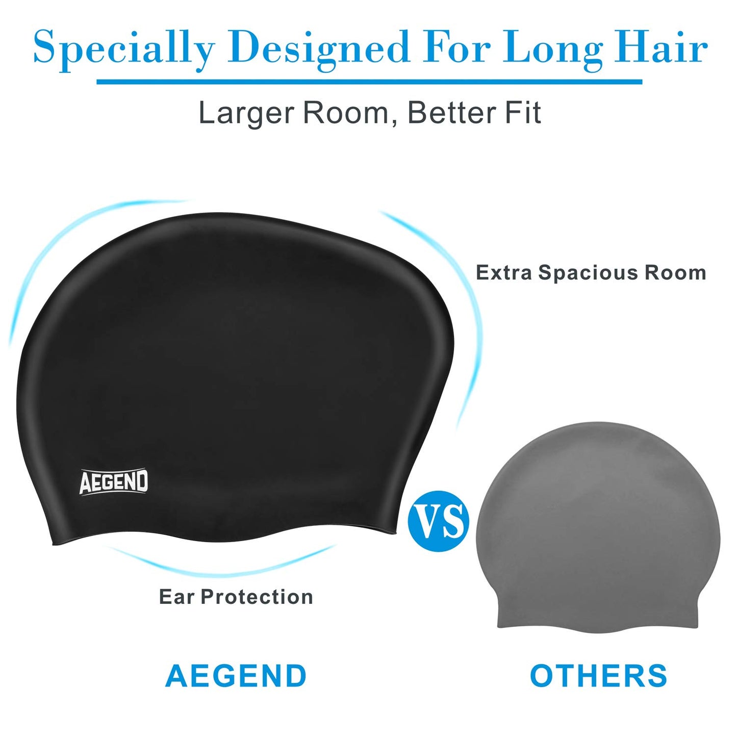 Aegend Swim Caps for Long Hair (2 Pack), Durable Silicone Swimming Caps with Spacious Space for Women Men Adults, Easy to Put On and Off, Black