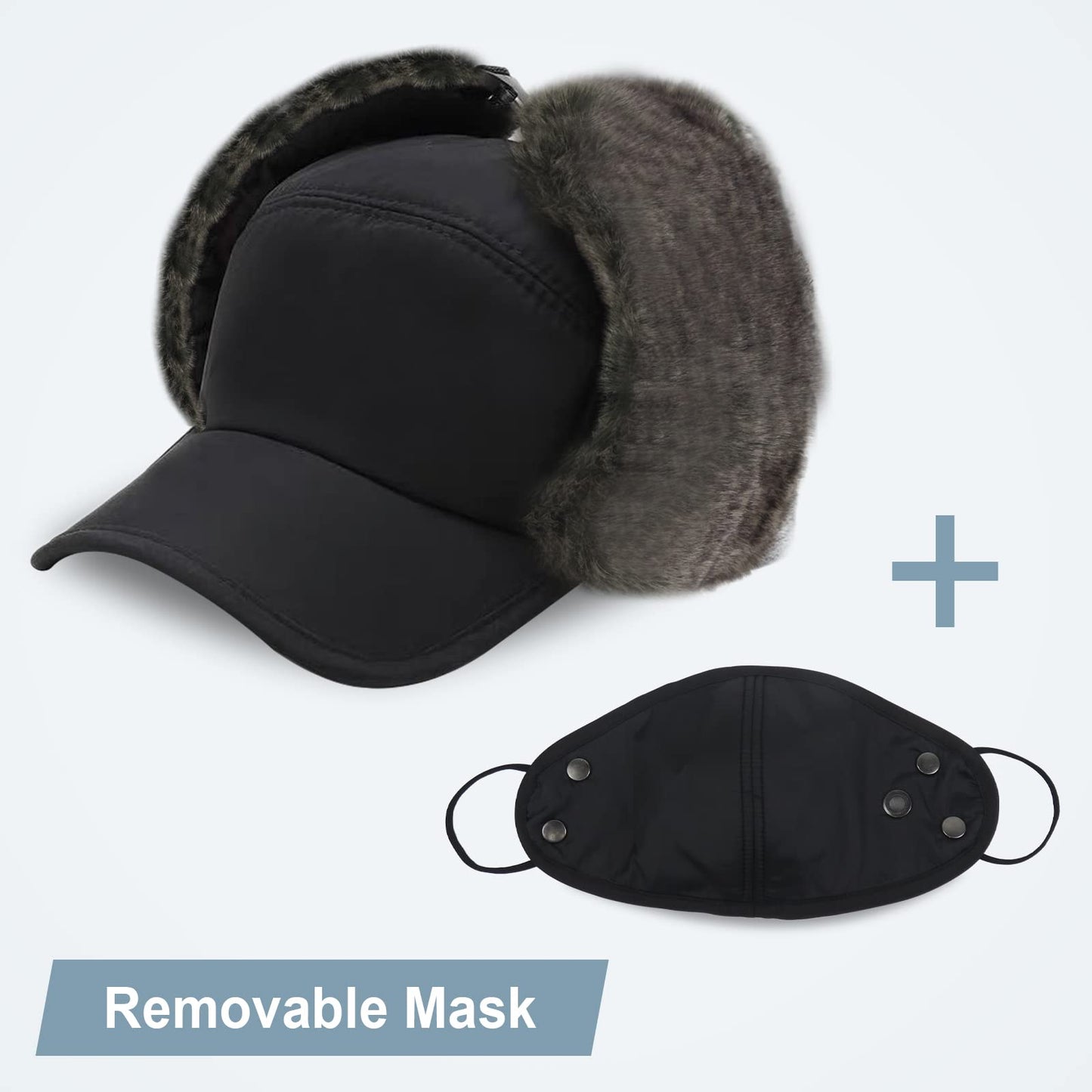 Phaiy Trapper Hat for Men Women, Winter Hats with Ear Flaps, Full Face Windproof Mask Baseball Cap with Faux Fur Lined, Keeping Warm While Skating, Skiing Other Outdoor Activities Black