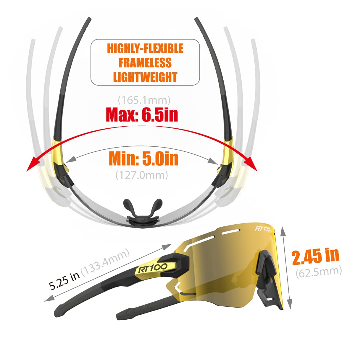 RT100 sport Cycling Sunglasses for Men, frameless wrap around Flexible light weight biking Gold sunglasses Triathlon Tennis