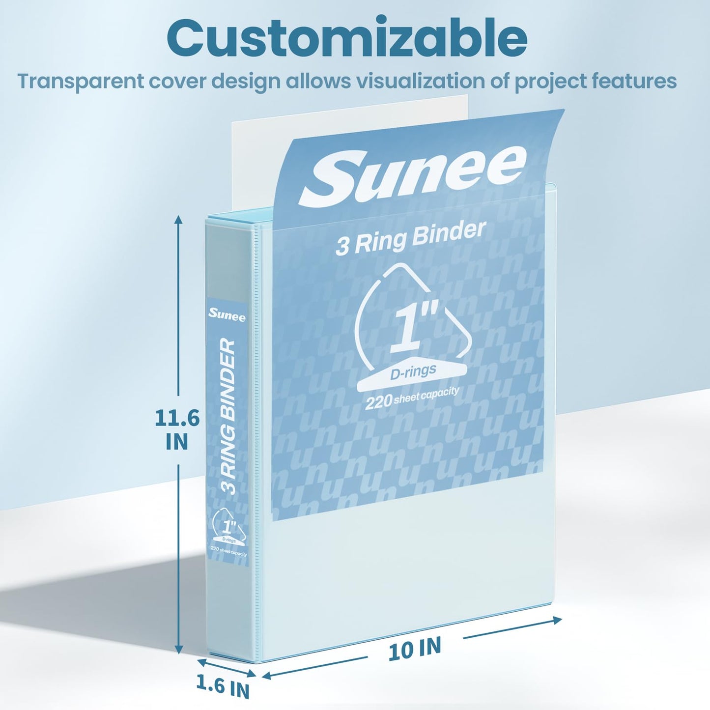 SUNEE 3 Ring Binder 1 Inch D Ring, Clear View Binder Three Ring PVC-Free (Fit 8.5x11 Inches) for School or Office Supplies, Pastel Blue, 1 Pack