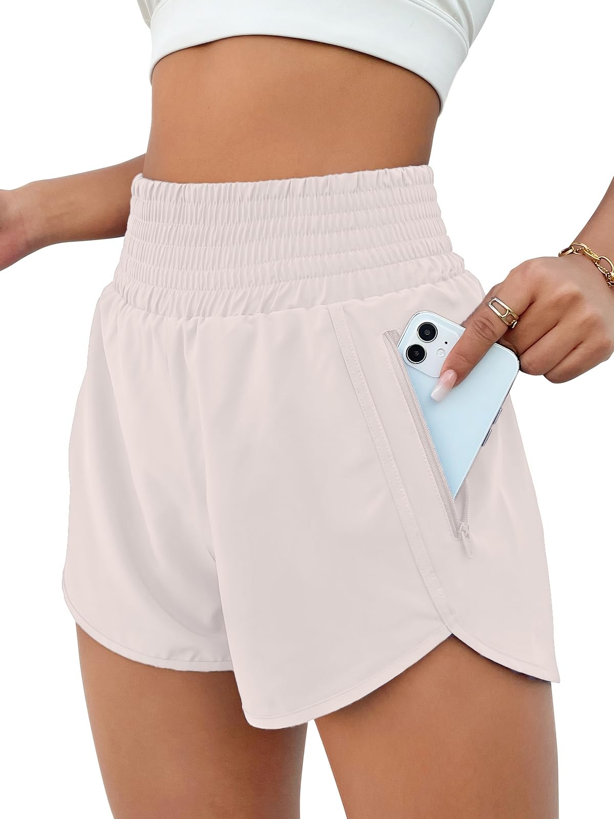 BMJL Women's Athletic Shorts High Waisted Running Short Pocket 2.5" Sporty Shorts Gym Elastic Workout Shorts(L,Bone White)