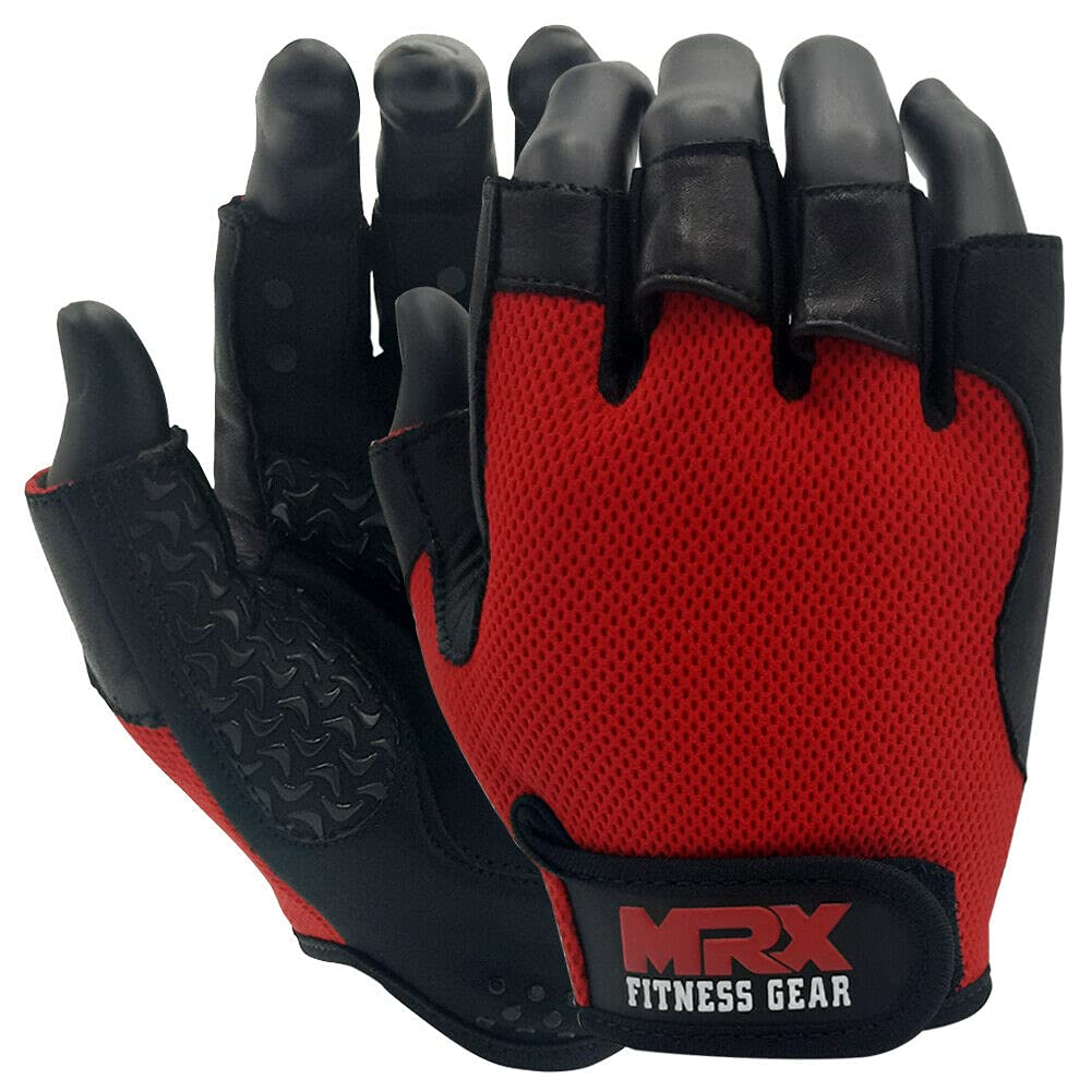 Weightlifting Gloves Leather Palm Grip Half Finger Body Building Gym Glove for Exercise Training Fitness Workout Men Women Lifts Made Spandex Materials, Red, Medium