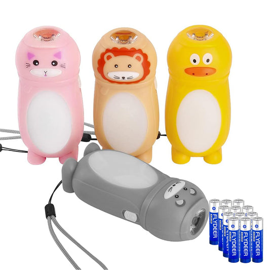 KunHe 4 Pack Toddlers Small Mini LED Flashlight Camping Flashlights for Kids 100 Lumen with Battery 2 in 1 Lantern Cute Animal Flashlight Girls Boys Stocking Stuffers for Kids