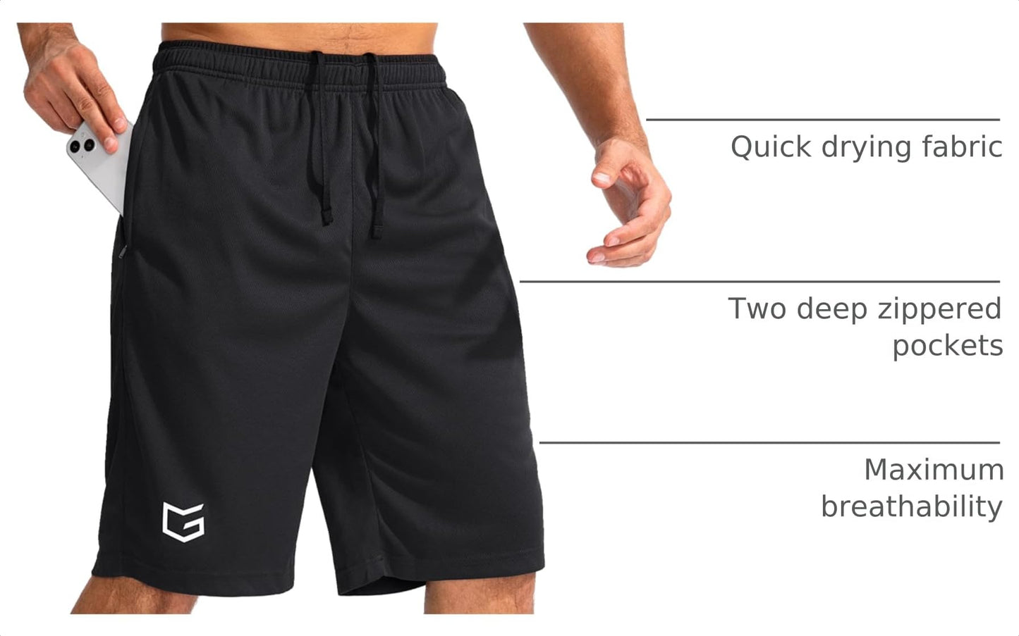 G Gradual Men's Basketball Shorts with Zipper Pockets Lightweight Quick Dry 11" Long Shorts for Men Athletic Gym