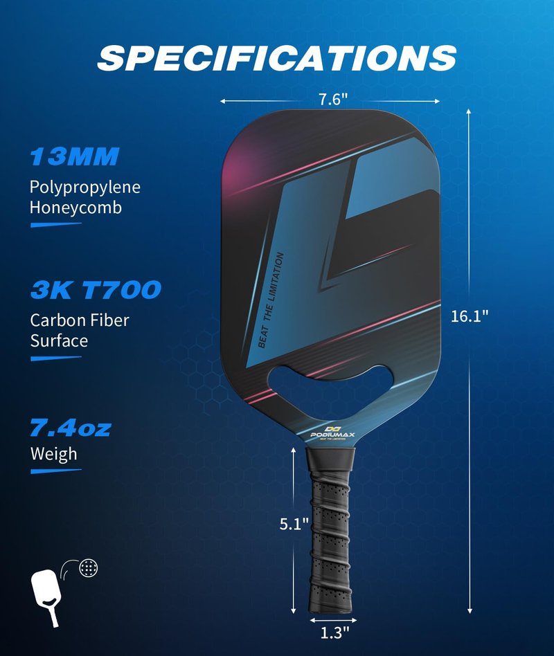 PodiuMax T700 Carbon Fiber Pickleball Paddle with Aero Throat, 13mm Hexa Polymer Core for Power&Control&Spin, Edgeless Pickleball Racket, Lightweight Pickle Ball Paddle for All Players (16" x 7.6")