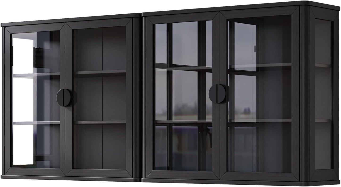 Bathroom Wall Cabinet Set of 2 - 56" Floating Display Cabinet with Glass Doors | Adjustable Shelves, Black with Golden Handles