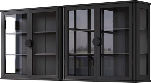 Bathroom Wall Cabinet Set of 2 - 56" Floating Display Cabinet with Glass Doors | Adjustable Shelves, Black with Golden Handles