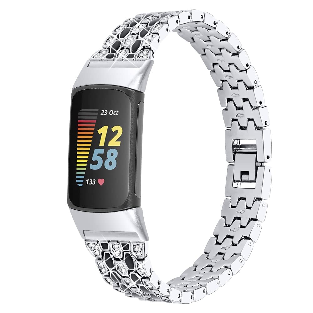 Bling Diamond Bracelet Compatible with Fitbit Charge 6/ Charge 5,Bands Metal Classy Stainless Steel Wrist Bands Waterproof Strap for Fitbit Charge 5 Band (Silver)