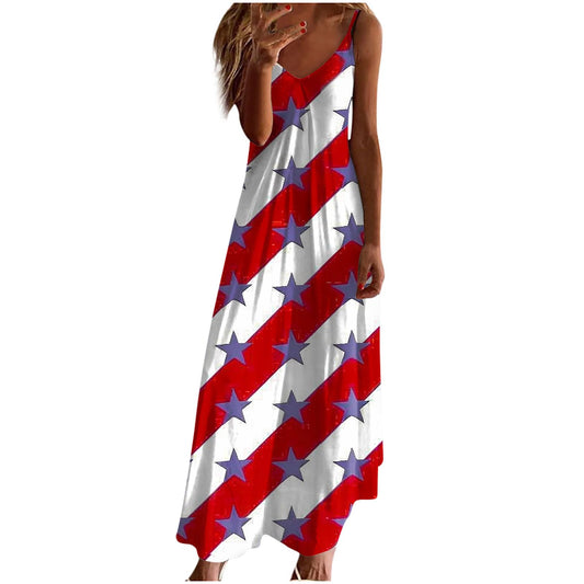 Deal of The Day Prime Today Only Summer Dresses for Women 2024 Trendy Stars Strips Printed Sleeveless V Neck Patriotic Sundress 4th of July Maxi Dress