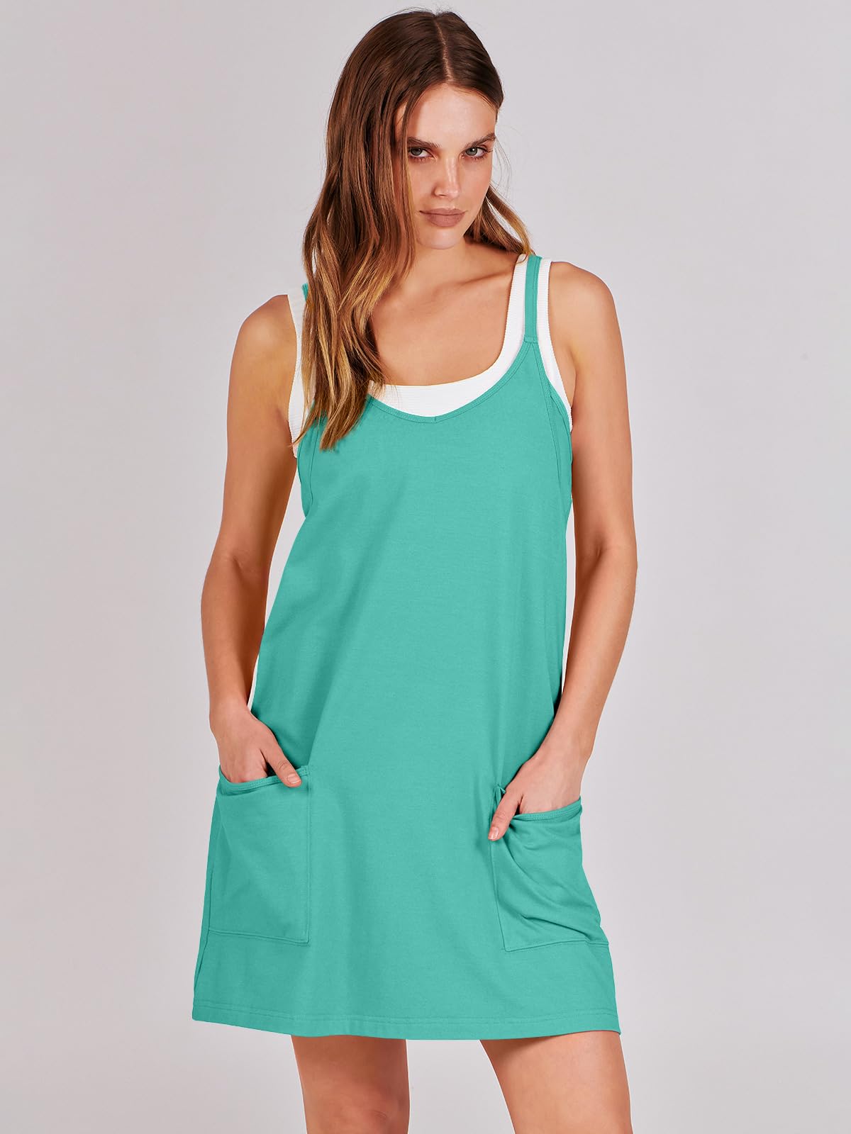 ANRABESS Women Athletic Dress Summer Tennis Workout Active Sports Mini Romper Dress Built in Shorts Travel Vacation Clothes Cyan XX-Large