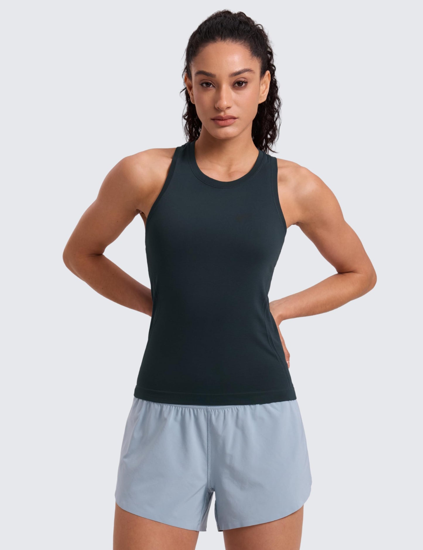 CRZ YOGA Seamless Workout Tank Tops for Women - Athletic Running Gym Sleeveless Shirts Crewneck Racerback Breathable True Navy Small