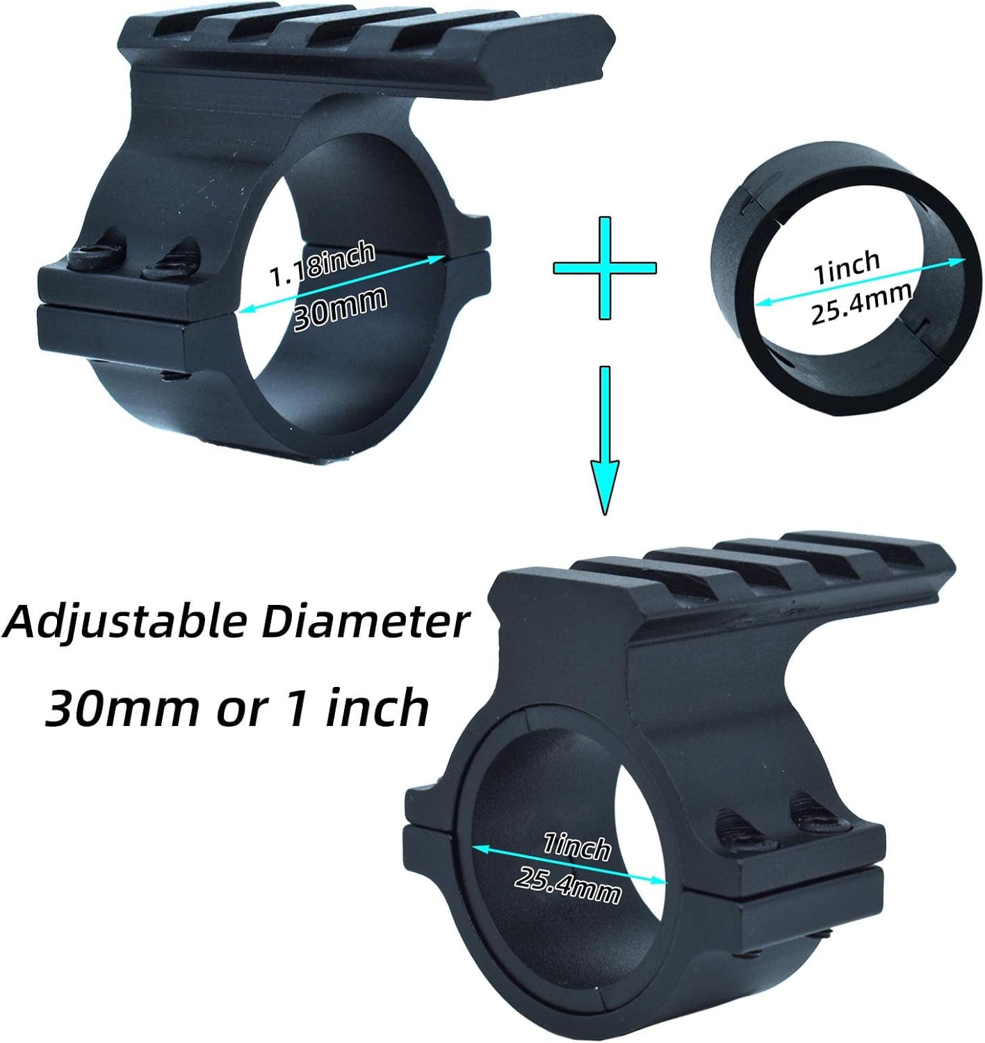 Tactical 1-Inch & 30mm Scope Mount Ring Adapter - 2 Pack with Picatinny Rail & Diameter Reducer for Flashlight, Laser Sight