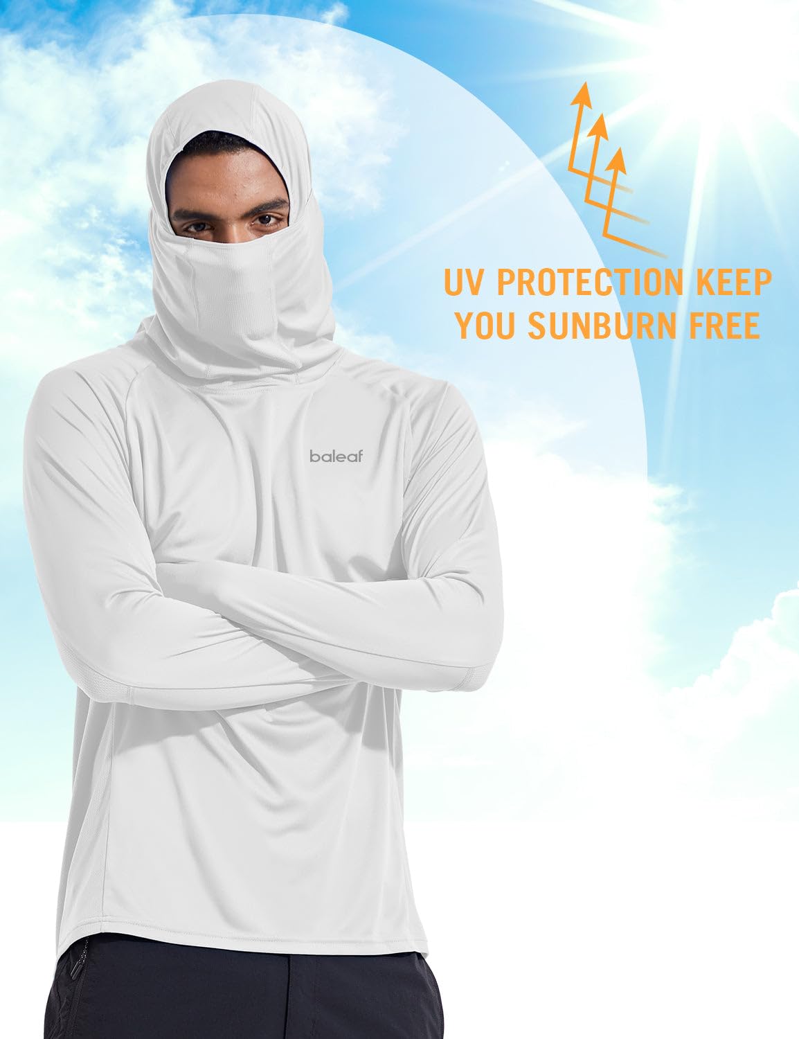 baleaf Men's Sun Protection Hoodie Shirt UPF 50+ Long Sleeve UV SPF T-Shirts with Mask Rash Guard Fishing Lightweight White Size XXL