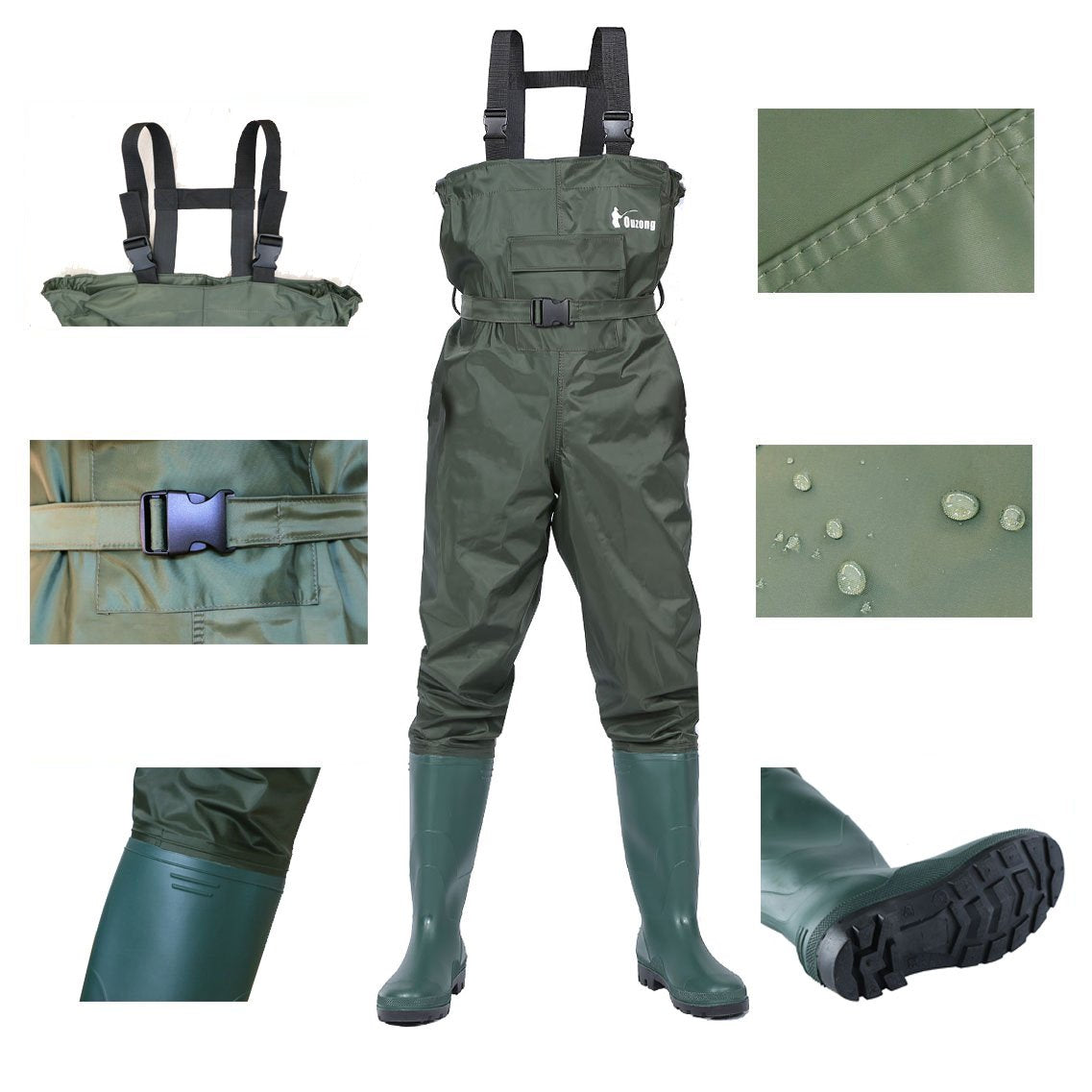 Ouzong Bootfoot Fishing Chest Waders for Men Women with Boots 2-Ply Nylon/PVC Waterproof Hunting Waders with Boots Hanger (Green-010)