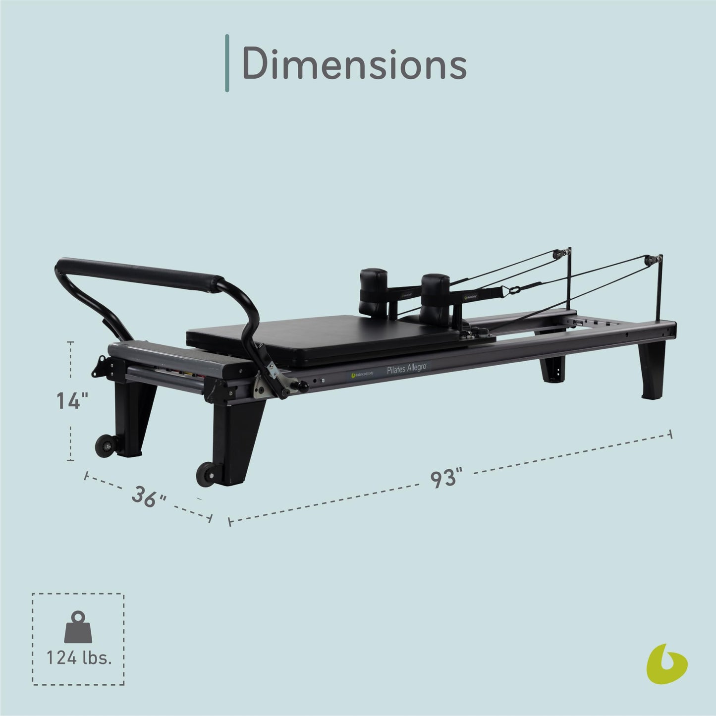 Balanced Body Allegro Reformer with 14-Inch Leg Kit, Pilates Exercise Equipment for Home or Studio, Black Upholstery, 93" L x 36" W Frame