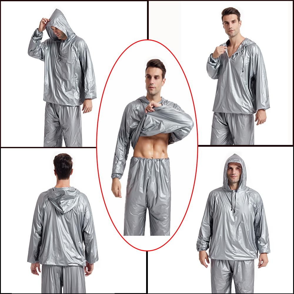 DawnBreak Sauna Sweat Suit for Women/Men with Hoodie Zipper Weight Loss Fitness Exercise Gym Workout Suit Top Pants Silver - M