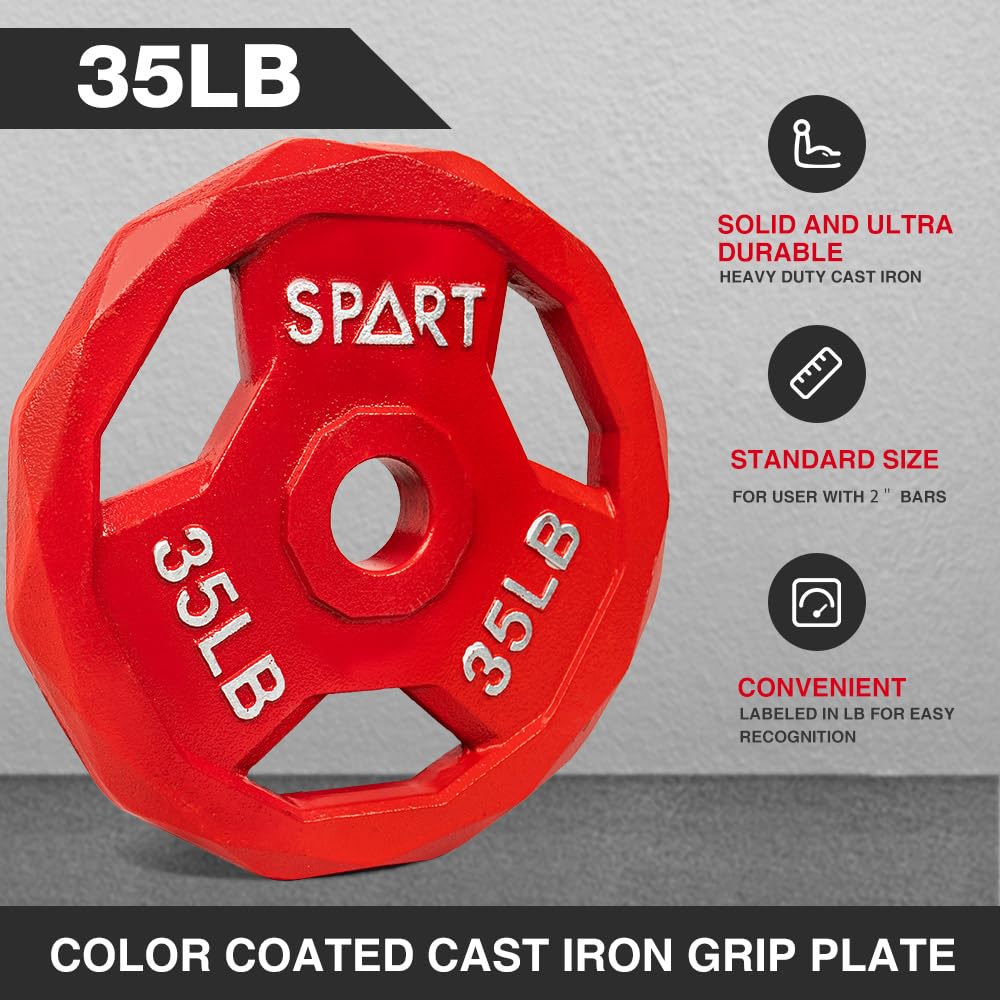 SPART Color Coded Weight Plate 2-Inch Cast Iron Tri-Grip Plate for Barbell,Solid Cast Iron Olympic Weight Plates for Strength Training, Weightlifting, Crossfit, 45LB, Single