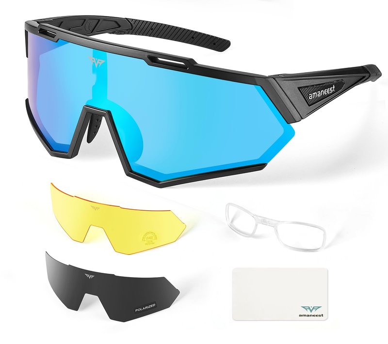 AMANEEST Safety Sunglasses for Men and Women,for Running Cycling Construction UV Protection(Ice-Blue Lens&Night Lens,Gray Polarized Lens)