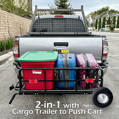 MaxxHaul 50243 Foldable Hitch N Roll Cargo Carrier Cart With Quick Detachable Basket Rack With 10 inch Flat Free Tires for Home Camp Travel Ranch SUV Up to 400 lb. Capacity