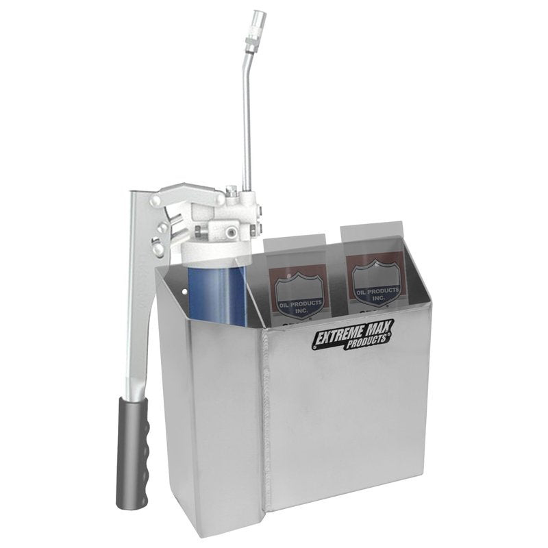 Extreme Max 5001.6368 Grease Gun Holder with Spare Cartridge Slot – Wall-Mount Aluminum Rack for Garage, Shop, Race & Enclosed Trailers, Toy Haulers – Silver