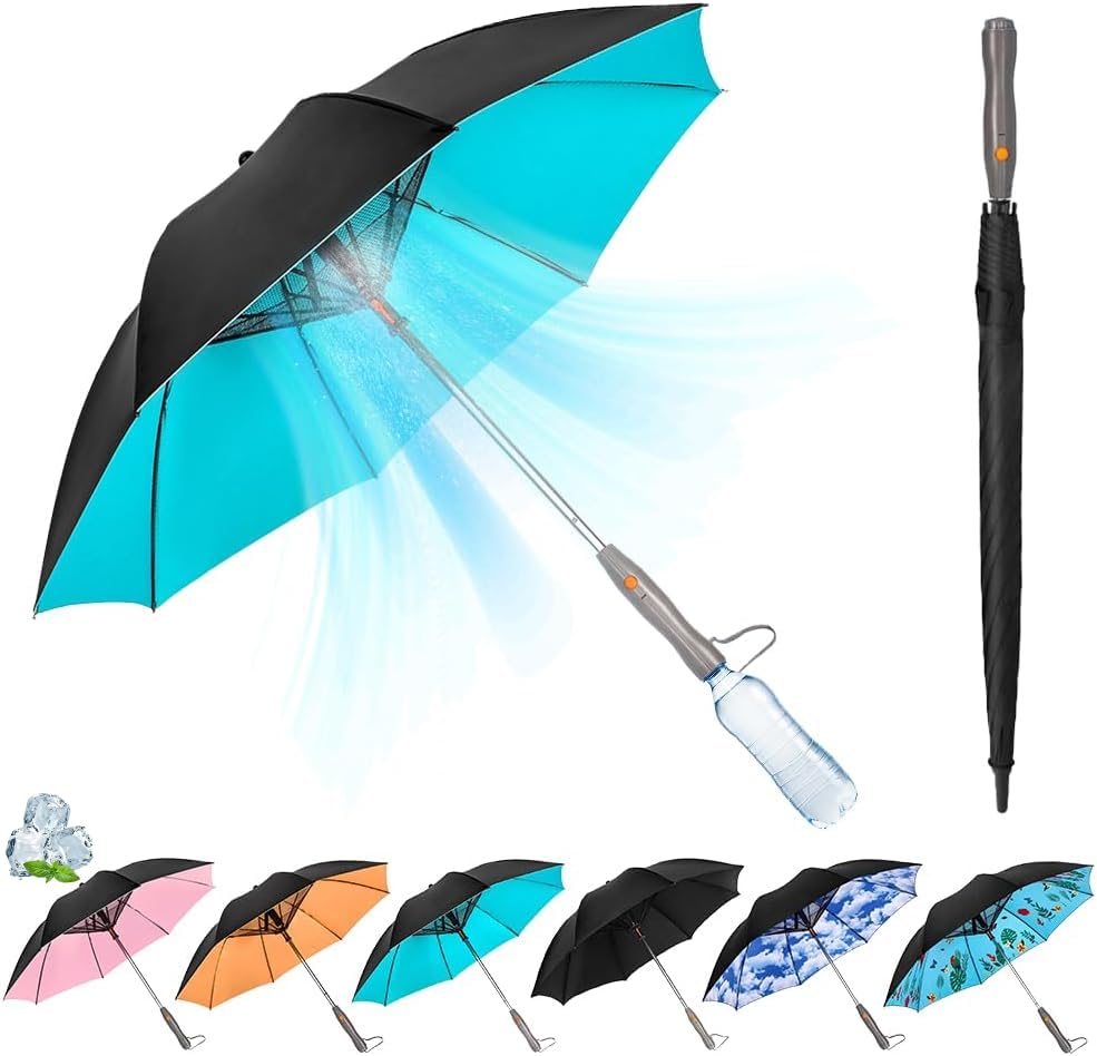 Uv Blocking Umbrella With Fan, 2024 New 3 In 1 Umbrella With Fan And Mist Spray, Sun Umbrella Protection, Usb Rechargeable Sun Umbrella, Cooling Umbrella With Fan, For Fishing, Golfing, Patio, Sand, Travel (Blue)