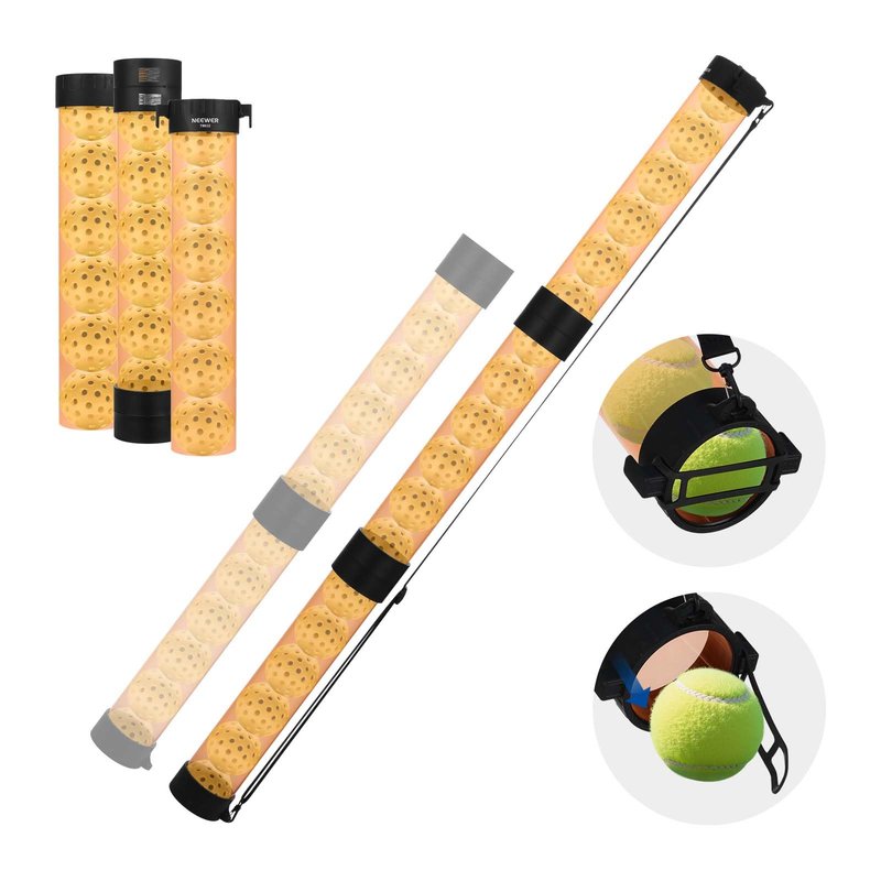 NEEWER Ball Retriever Tube Hopper for 18 Tennis Balls & 15 Pickleballs, Detachable 3 Section No Bending Pickup Picker Upper Collector with Stopper & Shoulder Strap, Orange, TB02Z