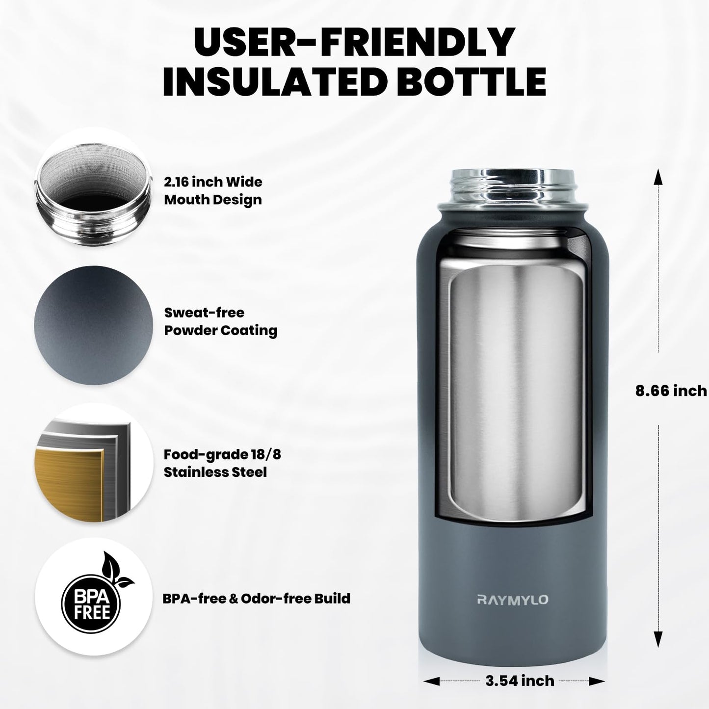 RAYMYLO Insulated Water Bottle 40 oz, Triple Wall Vacuum Stainless Steel (Cold for 48 Hrs), Leak Proof & Non-BPA, Modern Water Flask Jug with Paracord Handle & Straw Spout Lids, Dark Grey