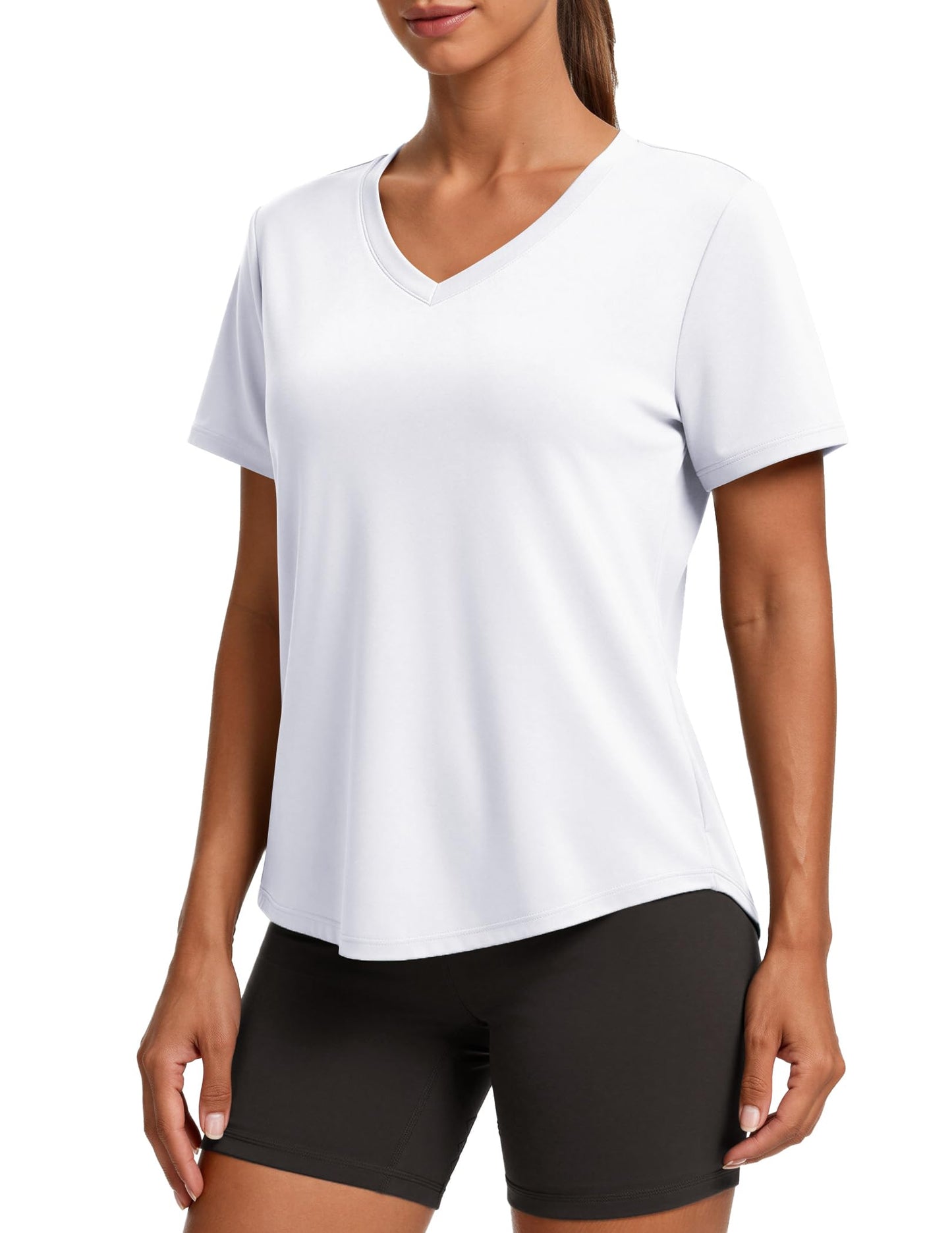 PINSPARK Womens Workout Tops V Neck Short Sleeve Gym Shirts Moisture Wicking Quick Dry Breathable Soft Athletic Running Tees,White Medium